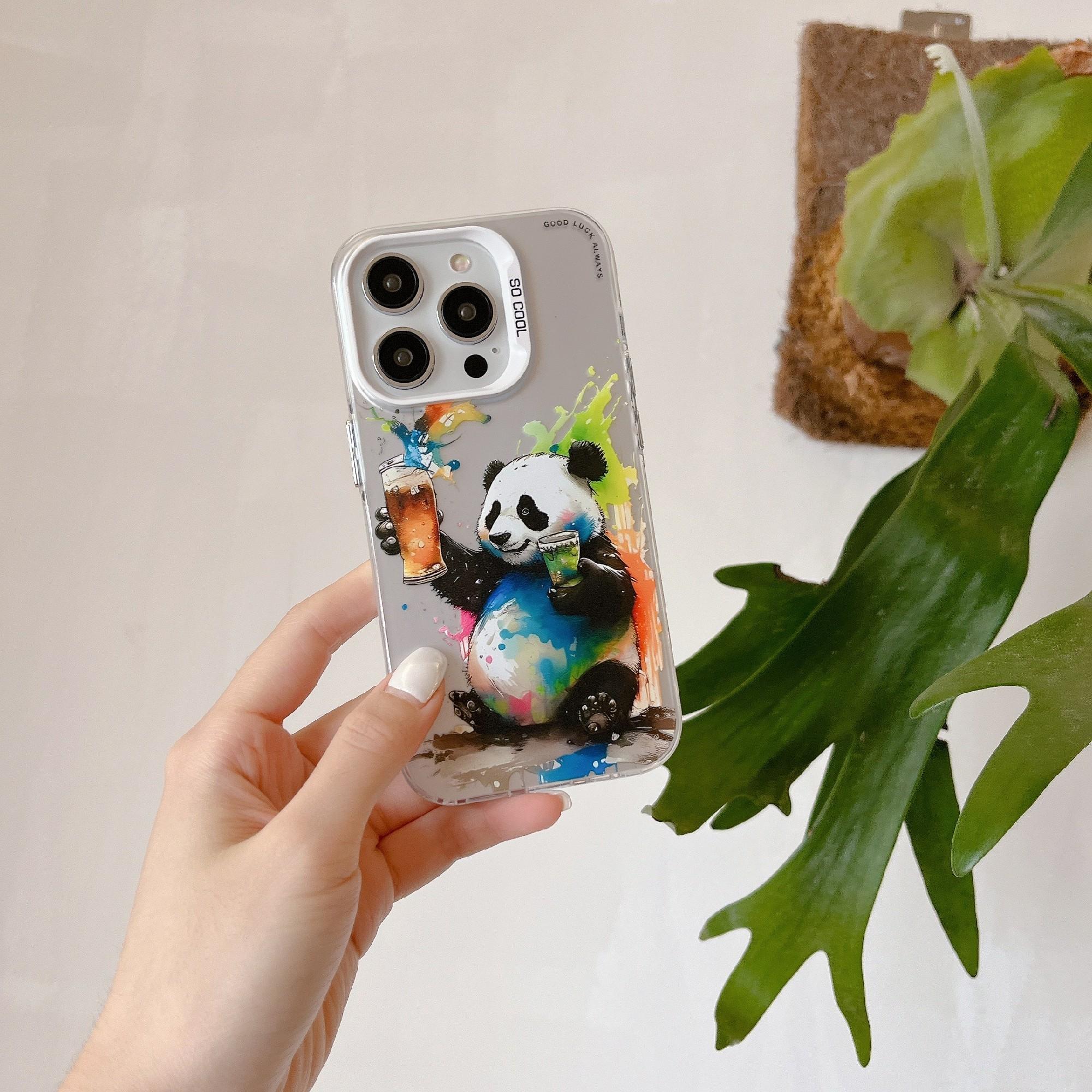 

For iPhone 15 Pro Phone Case PC+TPU Graffiti Animal Pattern Design Cover Cheers Panda