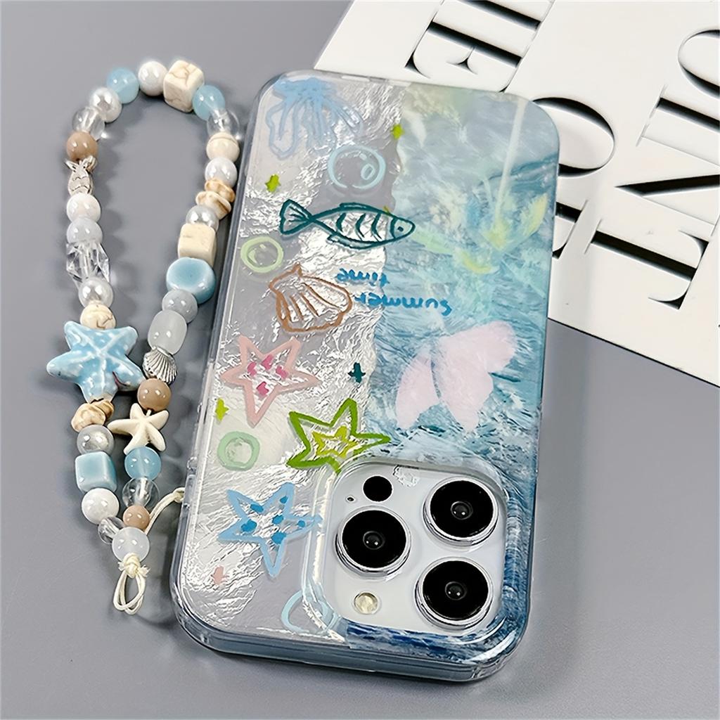Summer Ocean Fish Butterfly Case For iPhone 16 15 14 13 12 11 Pro Max Plus With Lovely Starfish Bracelet Anti-Lost Cove