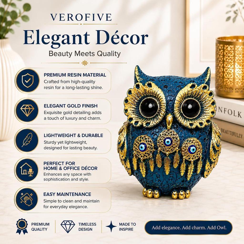 Decorative Owl Showpiece for Home Decor | Premium Resin Owl Statue with Gold Detailing | Lucky Owl Figurine for Living Room, Office & Gift
