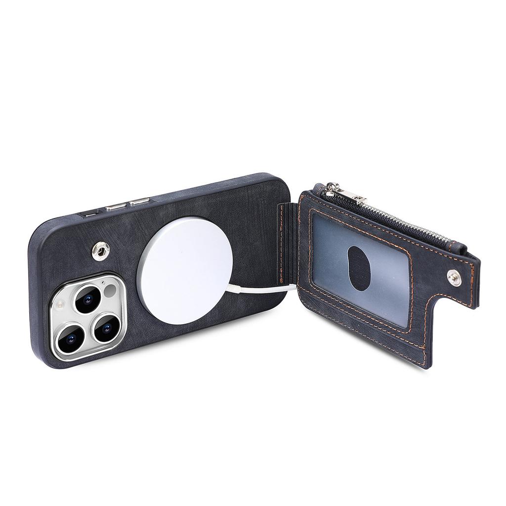 For iPhone 15 Pro Magnetic Case Card Holder Kickstand TPU+Leather Back Cover
