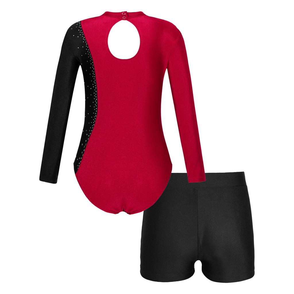 Kids Girls Stylish Clothing Set for Skating Training Wear Outfits Long Sleeve Contrast Color Leotards and Shorts