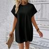 Summer Women Mini Dress Casual Loose Dolman Sleeve Round Neck Short Sleeves Side Pockets Above Knee Length Solid Color Soft Breathable Lady Dress