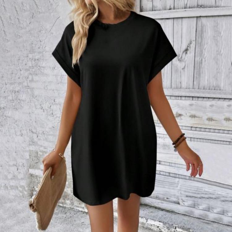 Summer Women Mini Dress Casual Loose Dolman Sleeve Round Neck Short Sleeves Side Pockets Above Knee Length Solid Color Soft Breathable Lady Dress