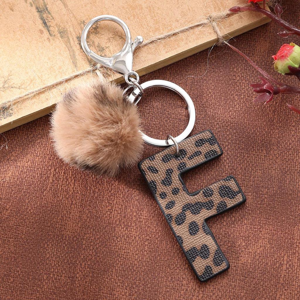Western Cowboy Leopard Print Leather Keychain with Acrylic Letter and Plush Ball Accessories