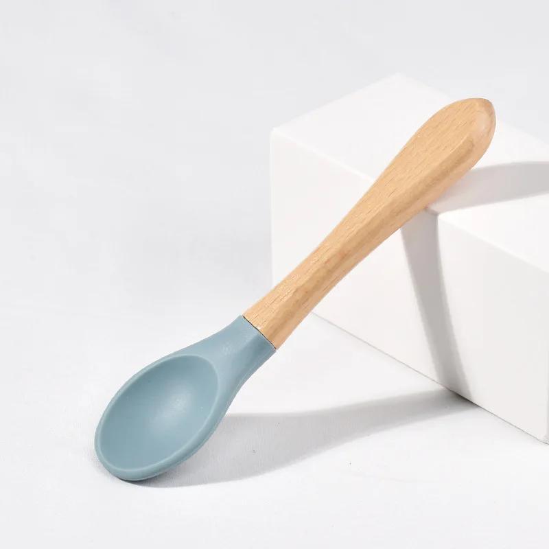 Spoons Baby Feeding Spoon Fork Wooden Handle Spoon Fork Set Soft Silicone Tip Spoon Fork BPA Free Food Grade Infant Toddlers