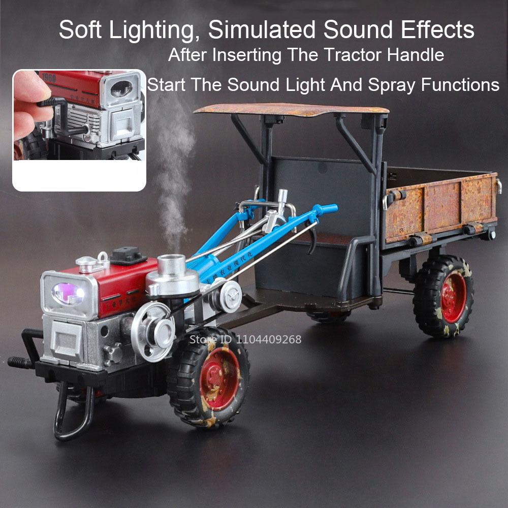 1:24 Scale Hand Held Agricultural Tractor Adjustable Rear Bucket Spray Sound Light Alloy Retro Agricultural Vehicle Boys Gifts
