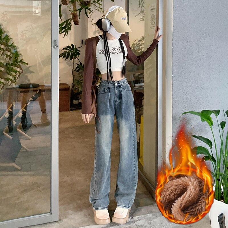 

Осень-зима, уличная одежда с высокой талией, винтажные повседневные женские джинсовые брюки с широкими штанинами, утепленные мешковатые прямые брюки для женщин XXL