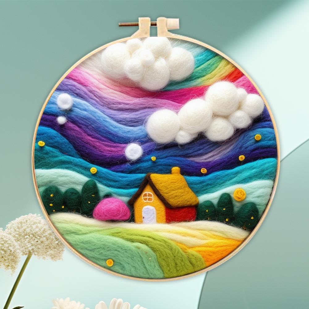 CHENISTORY 20x20cm Frame With Wool Felting Painting Kit Landscape Funny Diy Felt Crafts Package Felt Needle For Home Decoration
