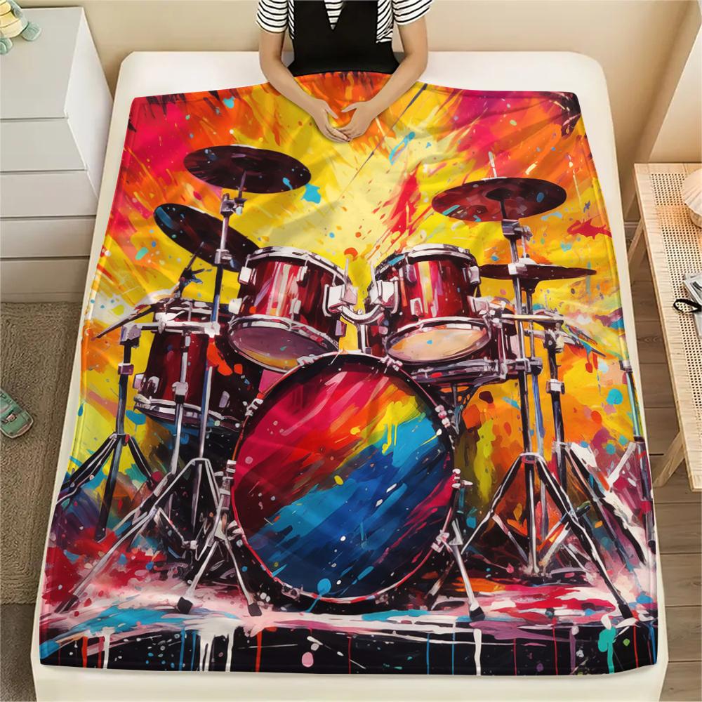 1Pc Drum Set Print Flannel Blanket, High Quality Comfortable for All Seasons, Home Decor, Warmth and Comfort, Perfect for Gifts