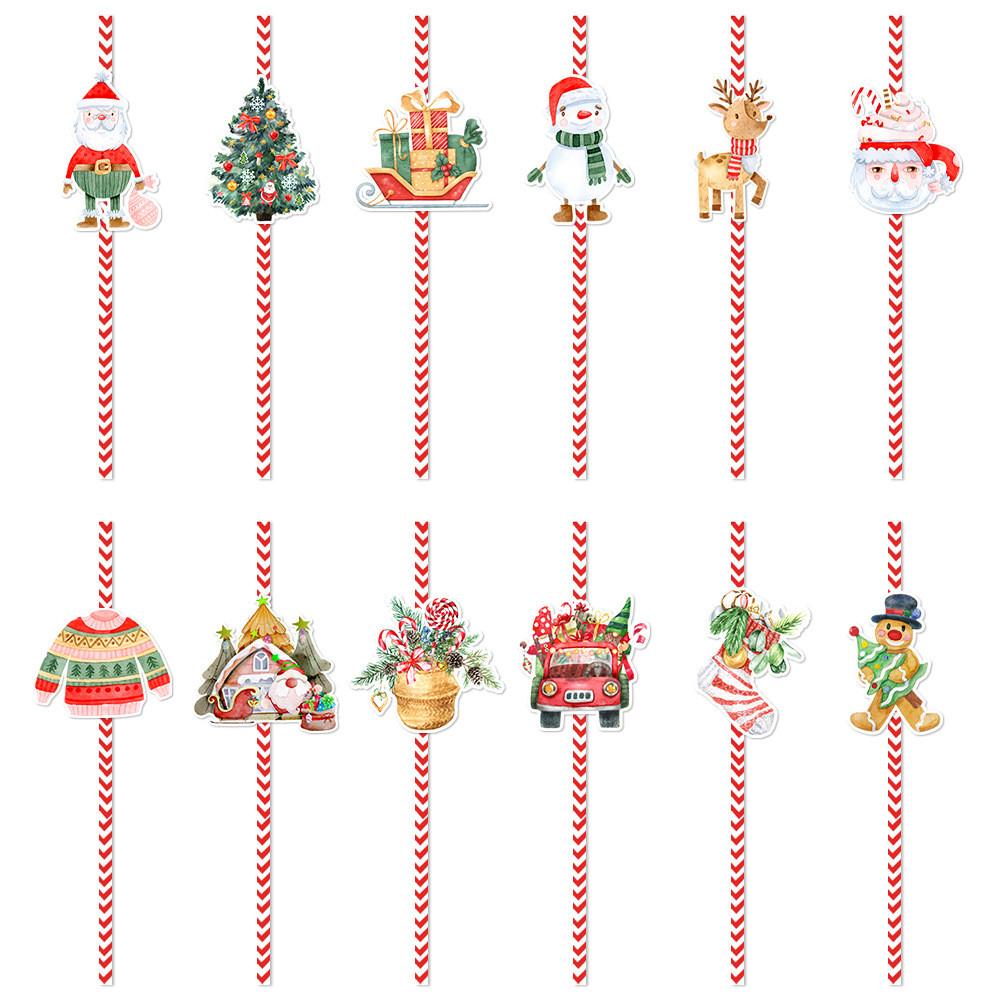 Theme Christmas Table Decor Disposable Paper Straws Set With Santa Pattern Claus