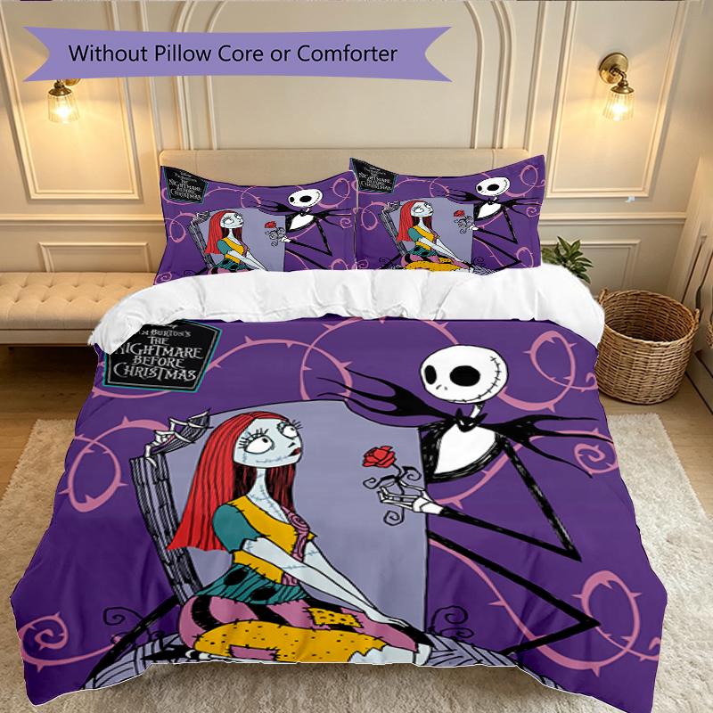 Halloween Jack Sally Skull Duvet Cover Set - Without Core & Quilt, Lightweight Machine Washable, Anime Style Gaming Bed Set