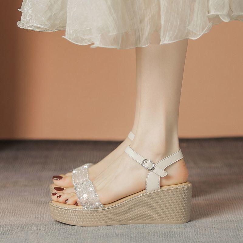 Muffin platform sandals one-button rhinestone wedge sandals summer new fashion platform sandals temperament women's shoes