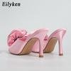 Fashion Eilyken Summer Fashion Silk Flower Peep Toe High Heels Slipper Stripper Slip On Mule Slides Women Party Sexy Sandal Shoes