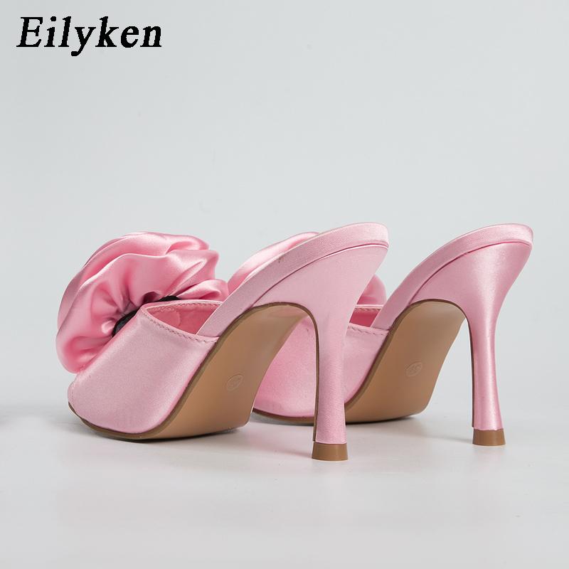 Fashion Eilyken Summer Fashion Silk Flower Peep Toe High Heels Slipper Stripper Slip On Mule Slides Women Party Sexy Sandal Shoes