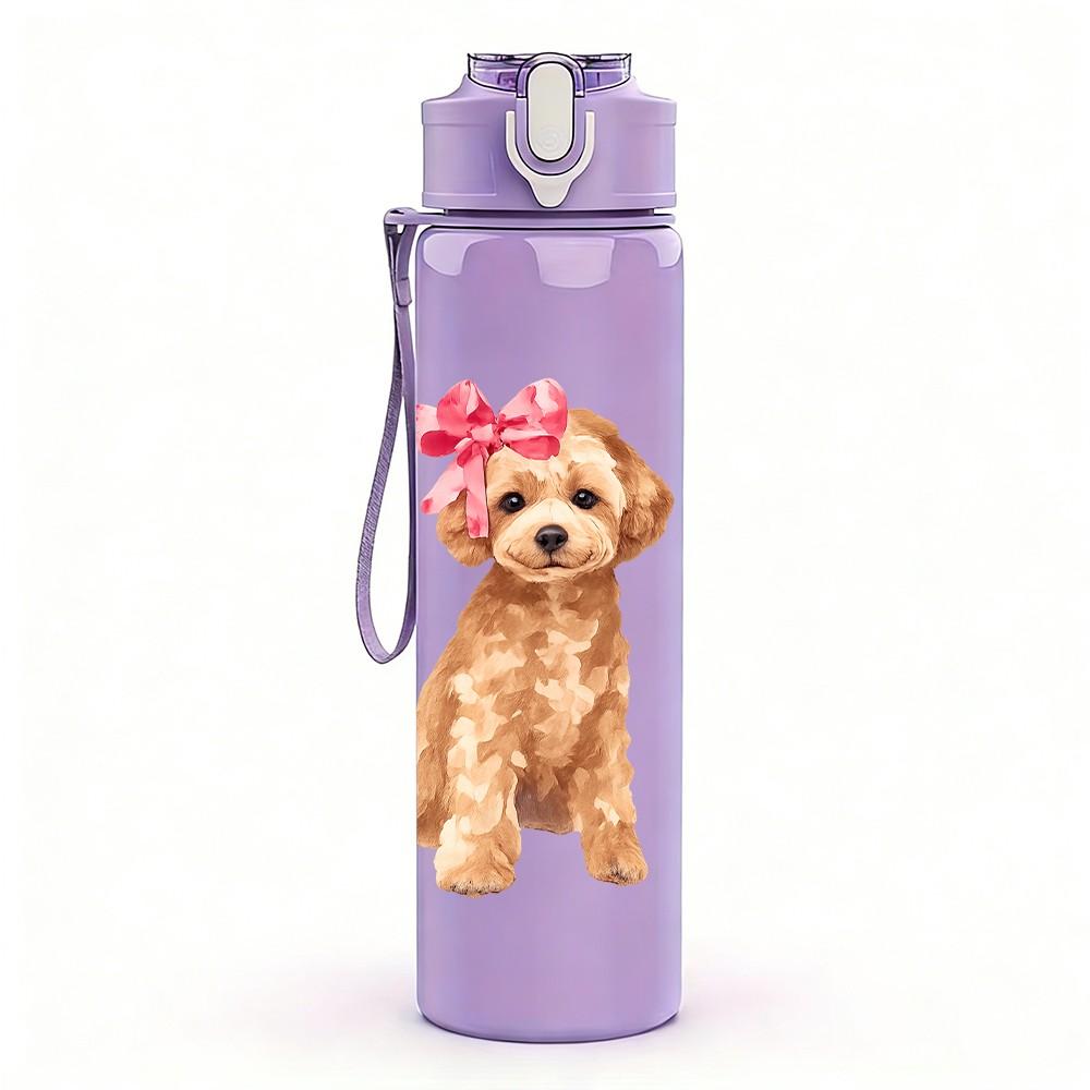 1PZ Cane Barbone Dorato Carino Cartone Animato 750ml Bottiglia d'Acqua Sportiva in Plastica Colorata Tappo Flip con Cannuccia Anti-perdite Adatta per Sport Ufficio Uso Domestico