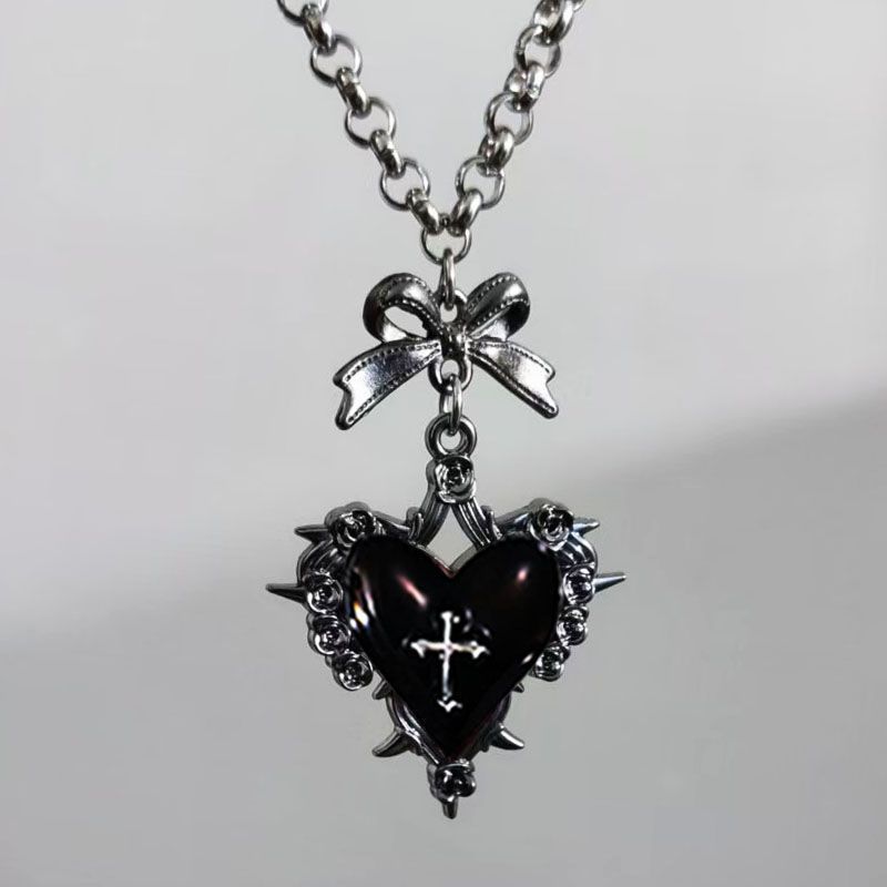Gothic Punk Red and Black Love Collarbone Bow Cross Necklace Niche Style Retro Girl Necklace