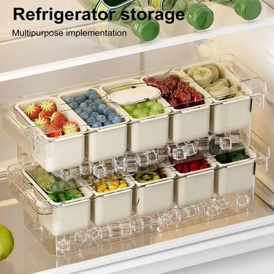 New 5 Grid Fresh Iced Box Transparent Double Layered Refrigerator Storage Box Detachable with Lid Condiment Tray