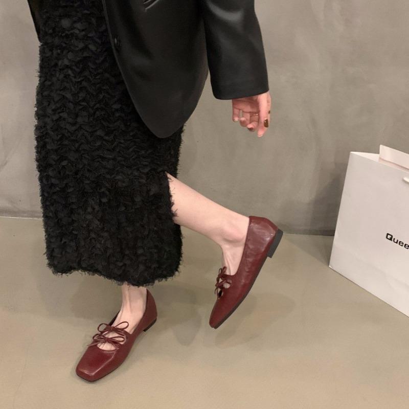 Sweet Double Bowknot Women Mary Jane Shoes New 2025 Square Toe Dress Flat Shoe Ladies Red Soft Sole Shoes Zapatos