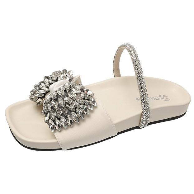 2025 New European Flat-bottomed Bow Rhinestone Slippers Women's Cross with Satin Open-toed Fashion Outer Slippers Women