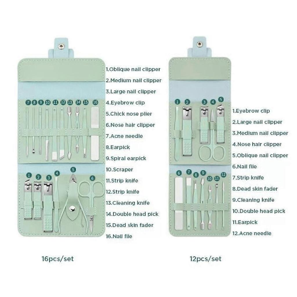 Portable 12/16PC Nail Clipper Set in Folding Leather Case, Stainless Steel, compatible with Sharp Clippers & Pedicure Tools