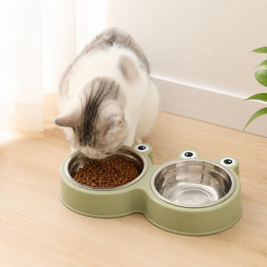 Frog Shaped Double Pet Bowl,Removable Stainless Steel Dog Cat Feeder Water Bowl,Anti‑Slip Anti‑Tip PP Base for Small Pets