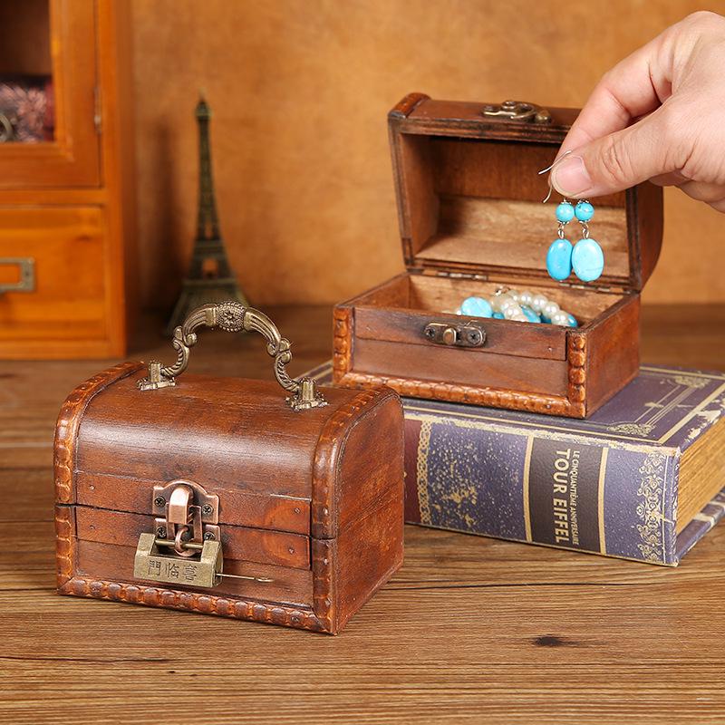 Vintage Wooden Jewelry Box with Combination Lock and Handle for Film Props