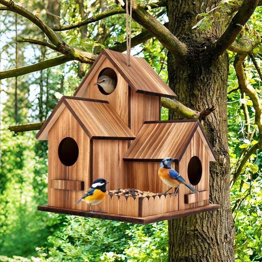 Kreatives 3-Kammer-Holz-Vogelhaus Brutkasten Wetterfest Hängendes Vogelhaus Verdickte Rustikale Vogelvilla Nest Hof