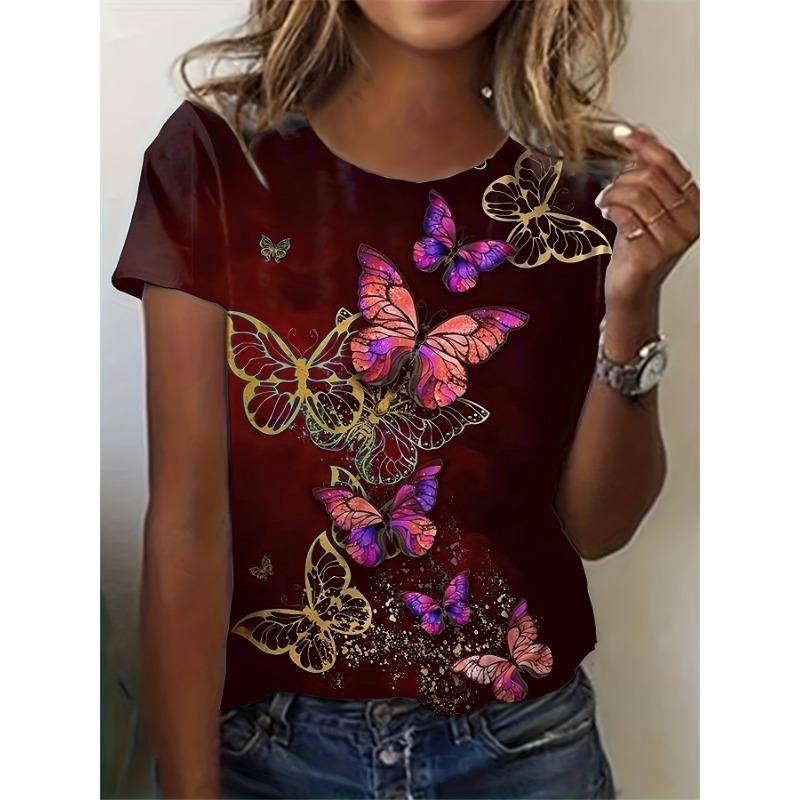 T-shirt Women's Summer Casual Round Neck Short Sleeve Butterfly Pattern Top Loose Casual Wear Ladies T-shirt Mother's Day Gift