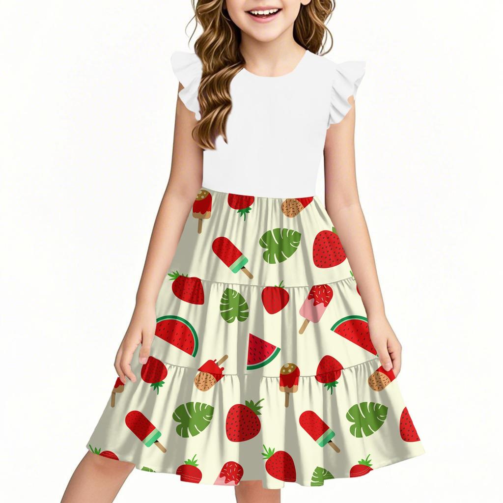 Rochie de vară pentru copii, pentru fete, cu flori imprimate, casual, drăguță, cu gât rotund, rochie de prințesă