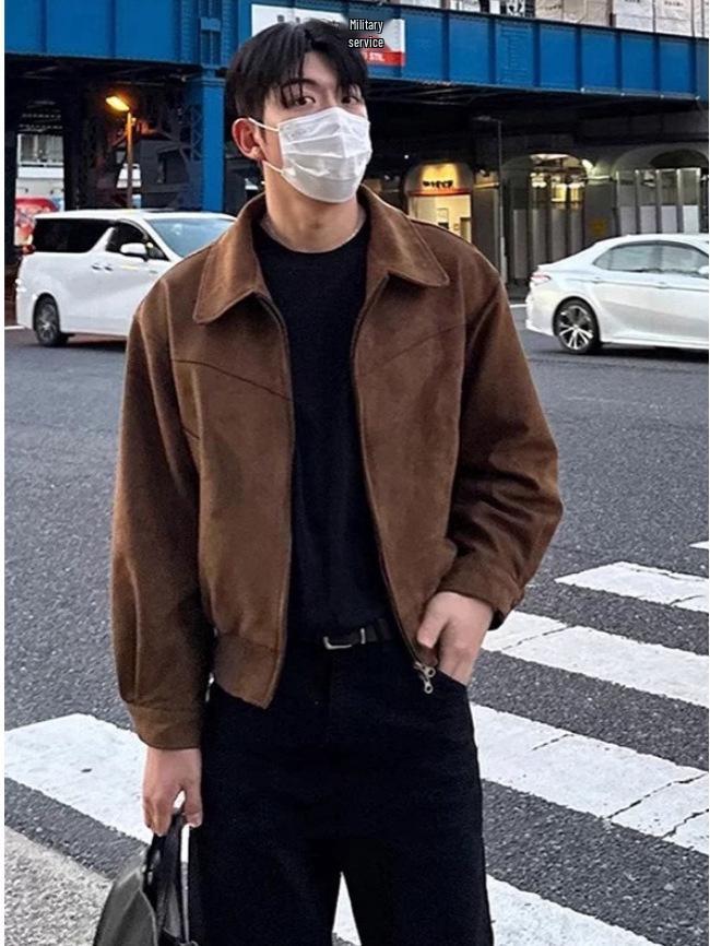 Retro British Velour Faux Suede Jacket - Solid Lapel, Frosted Finish, Autumn/Winter Trend