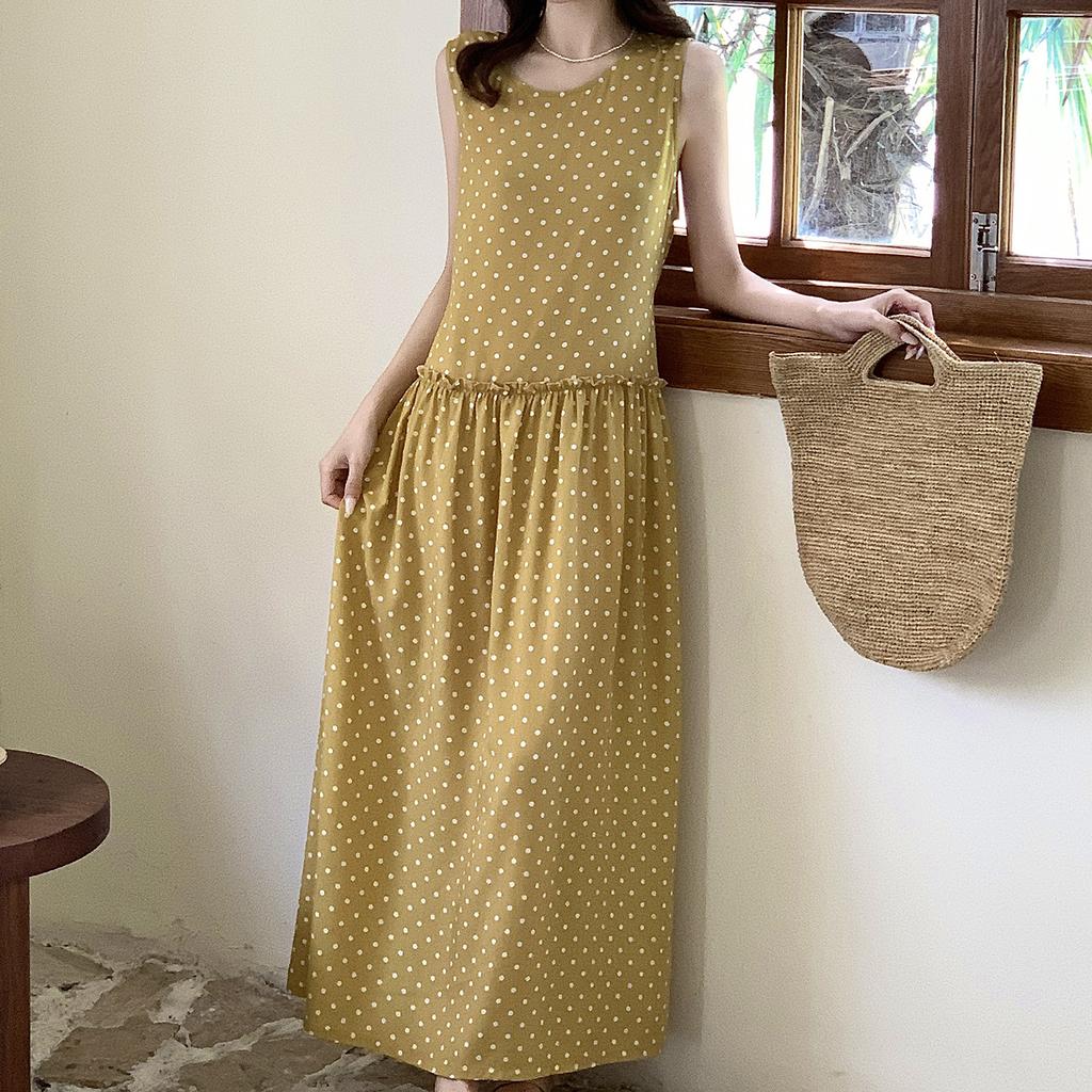 Summer sleeveless polka dot nightdress women's summer cotton silk long dress can be worn outside casual loungewear yellow high-end dress