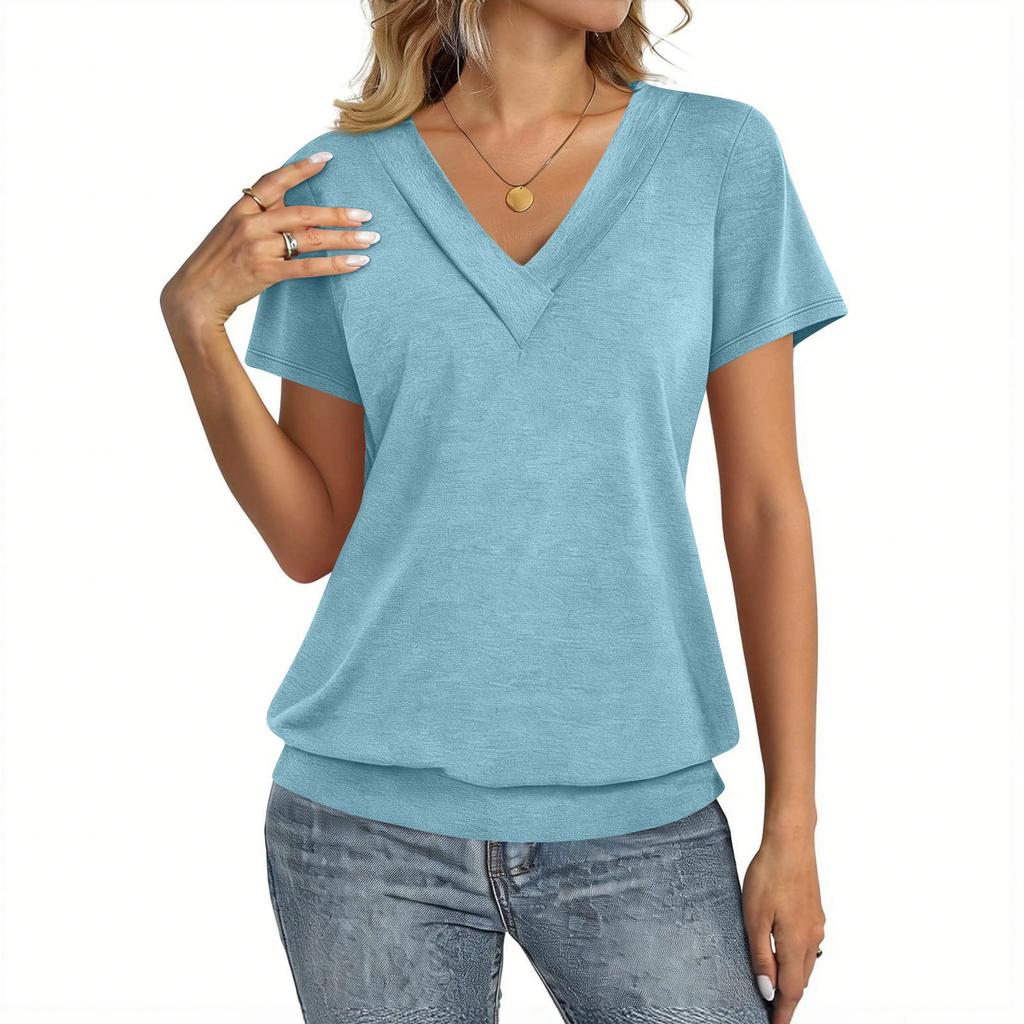 Damen Mode Lässig V-Ausschnitt Kurzarm Farbhemd Damen Oberteile