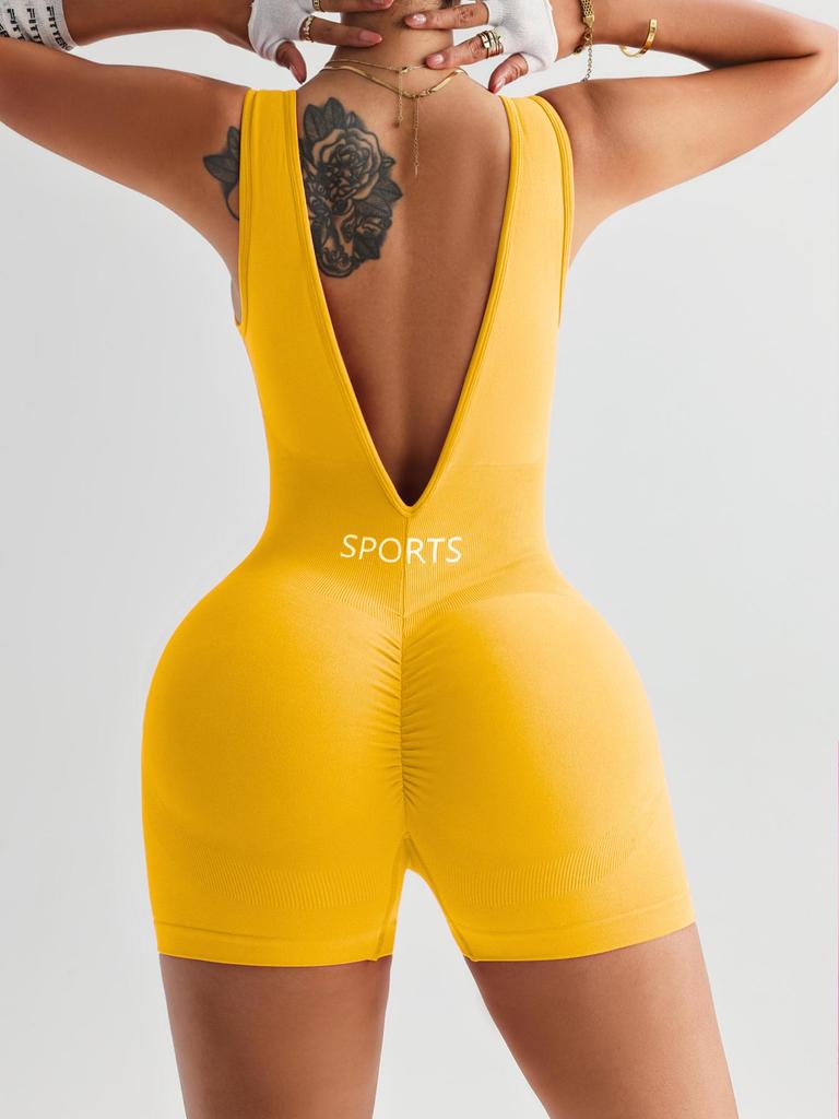 Seamless Deep V-Neck Yoga Bodysuit: Women's Nude-Tight Shaping Sportswear with Beautiful Back Design