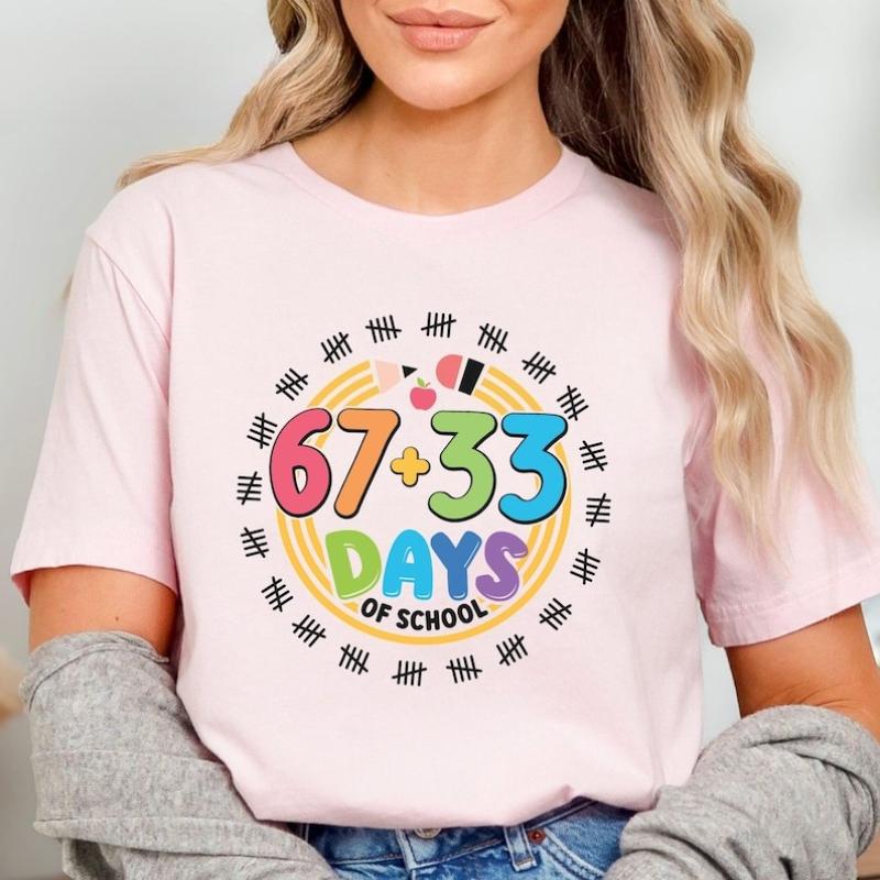 67 33 Days of School 100th Day of School Shirt for Teachers 100 Days of School 67 Teacher Comfortable Cotton Top Casual Tees S