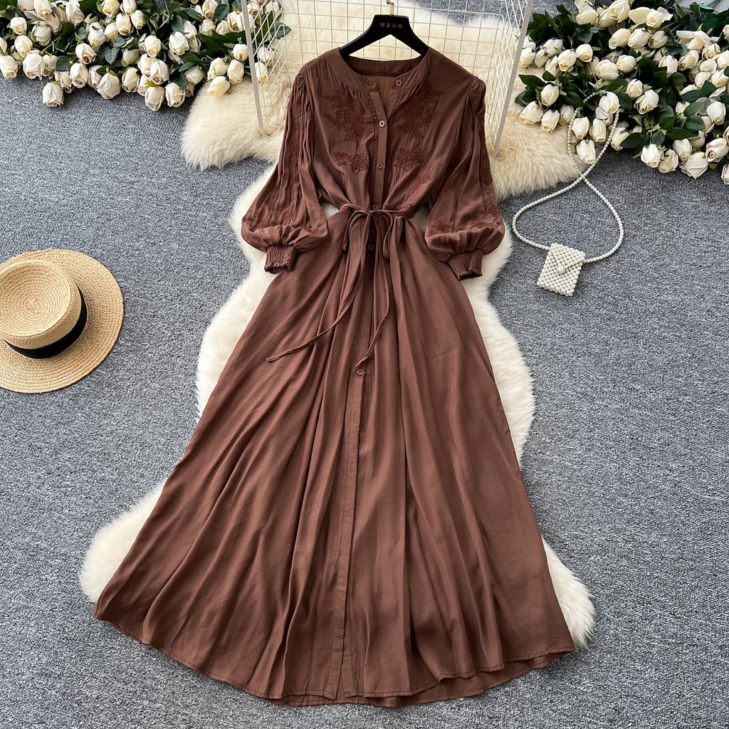 Vintage Elegant Embroidered Button Dress A-line Chic Casual Beach Vacation Women Summer Dresses