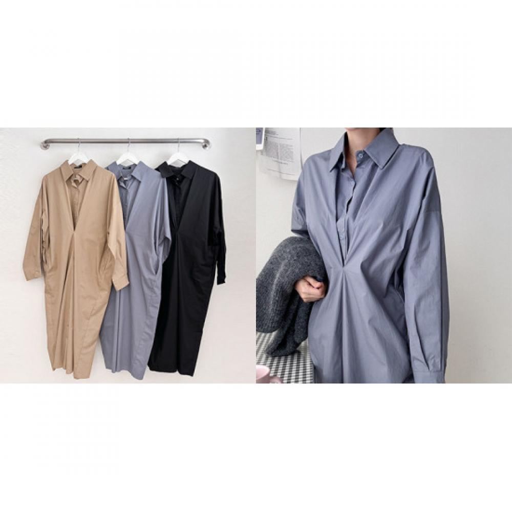 Shop   Women Daily Collar Shirt Front Dart Pleated Long Dress Steel Blue Ara Wdr