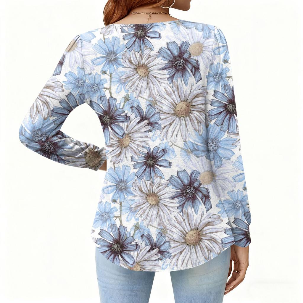 Γυναικείο Χαλαρό, V-λαιμόκοψη, Ρετρό Χρώμα, Μπλοκ με Φλοράλ Σχέδιο, Μακρυμάνικο Πουλόβερ T-shirt