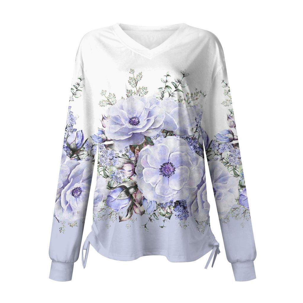 Women's Fashion Casual Printed Long-sleeved V-neck Pleated Loose T-shirt Top