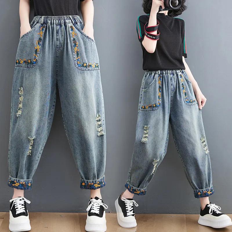 Spring Autumn Women's Plus Size Jeans High Waist Ripped Holes Casual Loose Jeans Vintage Pockets Floral Embroidery Denim Trousers