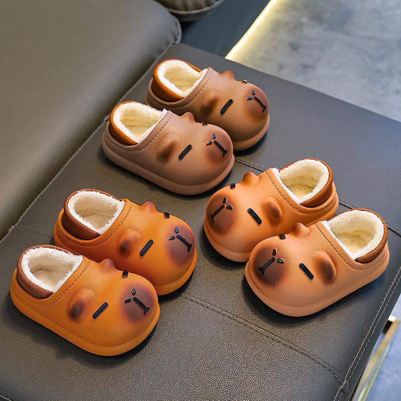 Capybara Kids' Winter Cartoon Cotton Slippers: Soft, Non-slip Indoor Shoes for Boys with Funny Step-on Design