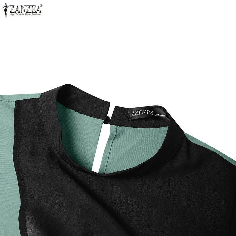 ZANZEA Damen Casual Rundhals Langarm Lose Patchwork Langes Kleid