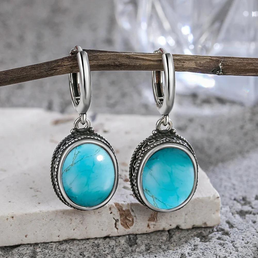 Vintage 925 Silver Natural Labradorite Earrings with Blue Light 10*12mm Big Stone Hoop Earrings Fine Jewelry for Women