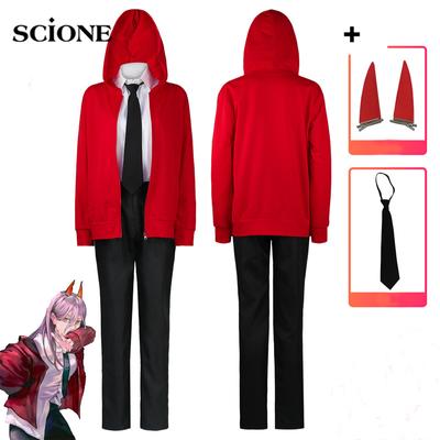 5ks Sady Anime Motorová pila Muž Power Makima Cosplay Kostým Paruka Červená bunda Rohy Spona do vlasů Kontakty Halloween Party Outfit Ženy