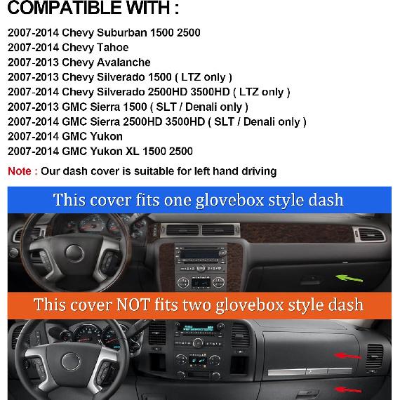 Dashboard Cover Dash Mat Compatible With 07-14 Chevy Tahoe Suburban Denali Avalanche GMC Yukon/XL,07-13 Chevy Silverado Sierra Without Dash Speaker