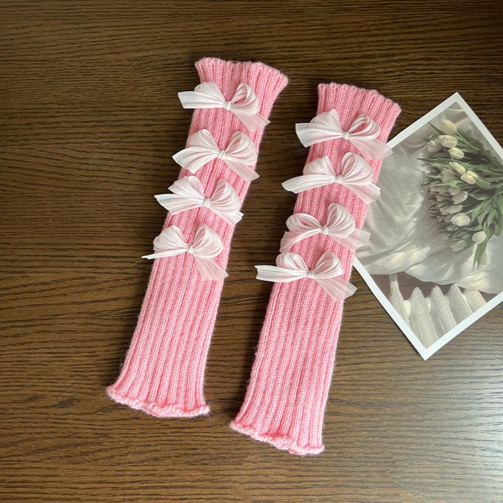 Solid Color Bow Knitted Gloves Y2k Wool Sleeve Cuff Elastic Fingerless Gloves  Ladies