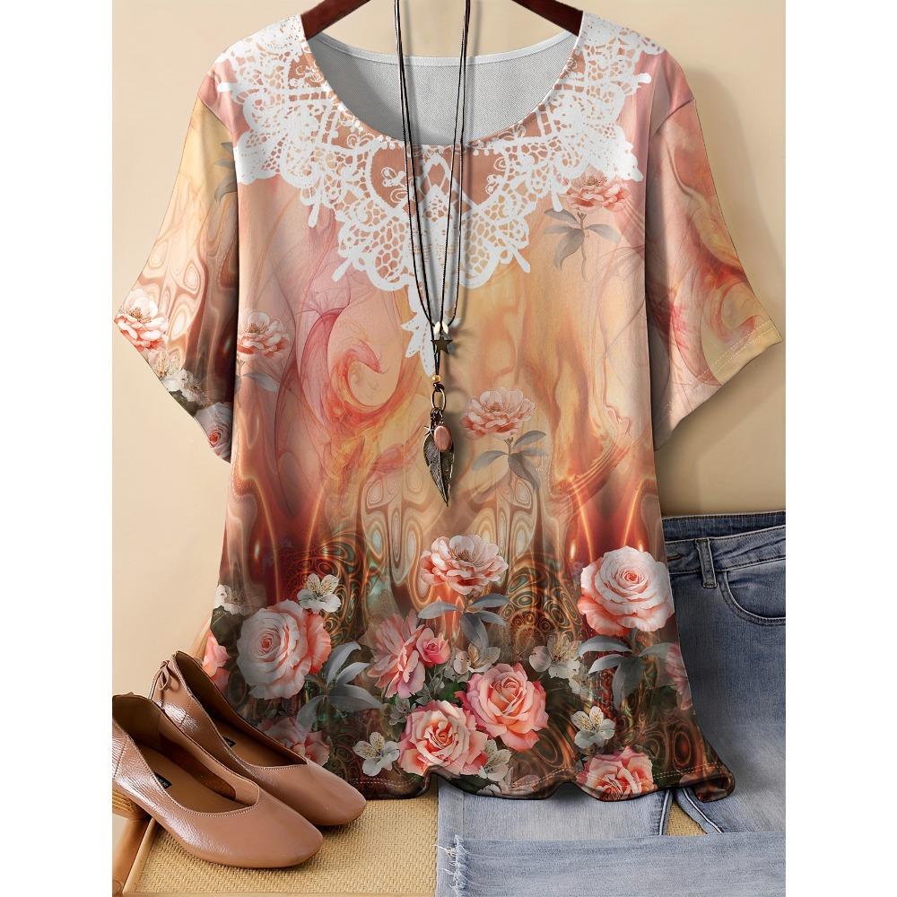 Summer Women Pattern Splicing Flower 3D Printed Short Sleeved T-shirt Fashionable Comfortable Soft Breathable Large Loose Retro Style T-shirt