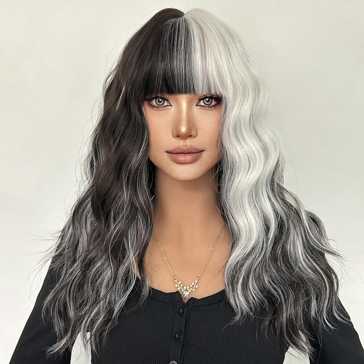 

Black And White Spotted Long Curly Hair Synthetic Wig Large Wave Daily Holiday Party Halloween Matching Wig Headgear