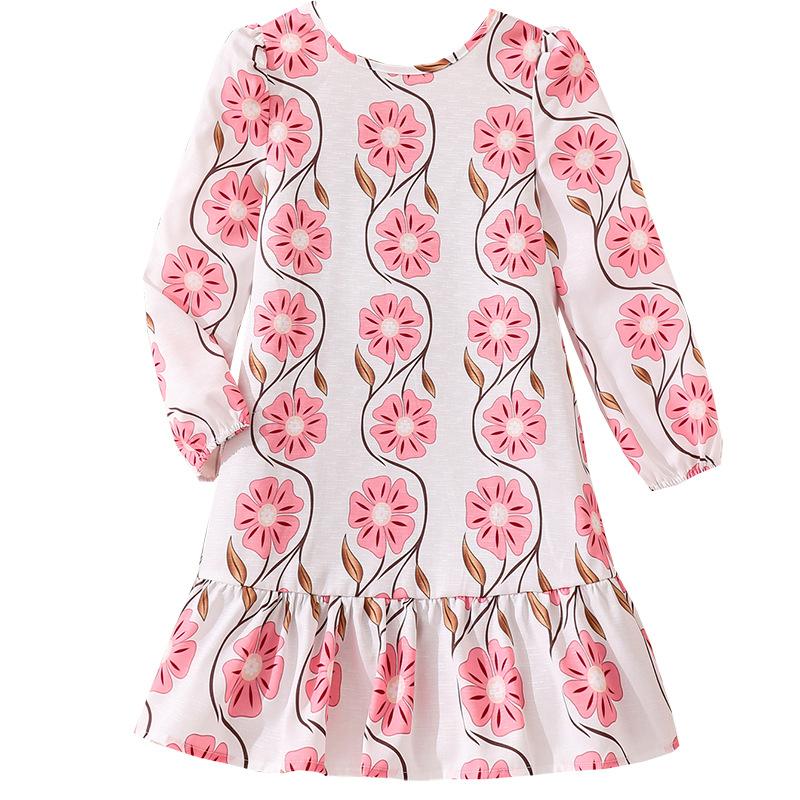 Big Girl's Autumn New Casual Bohemian Vacation Style Floral Print Long Sleeve Dress