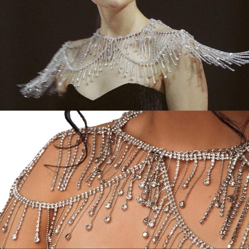 Mehrlagige Fransen Schulterkette Körperschmuck mit Kristall Strasssteinen für Frauen Party Hochzeitsaccessoires