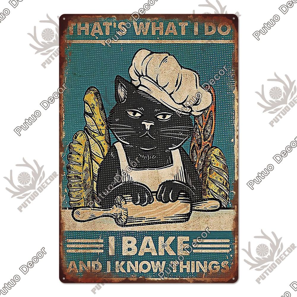 Putuo Decor Black Funny Cat Metal Sign Vintage Plaque Metal Retro Animals Tin Poster for Living Room Home Decoration Wall Decor